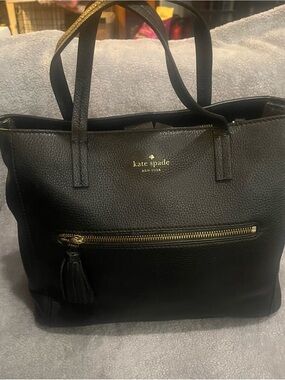 kate spade Black Pebbled Leather Shoulder Tote with Front Zip Tassel